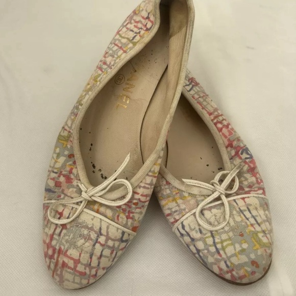 Chanel Multicolor,  Fabric CC Bow Cap Toe Ballet Flats Size 37 - Picture 1 of 3